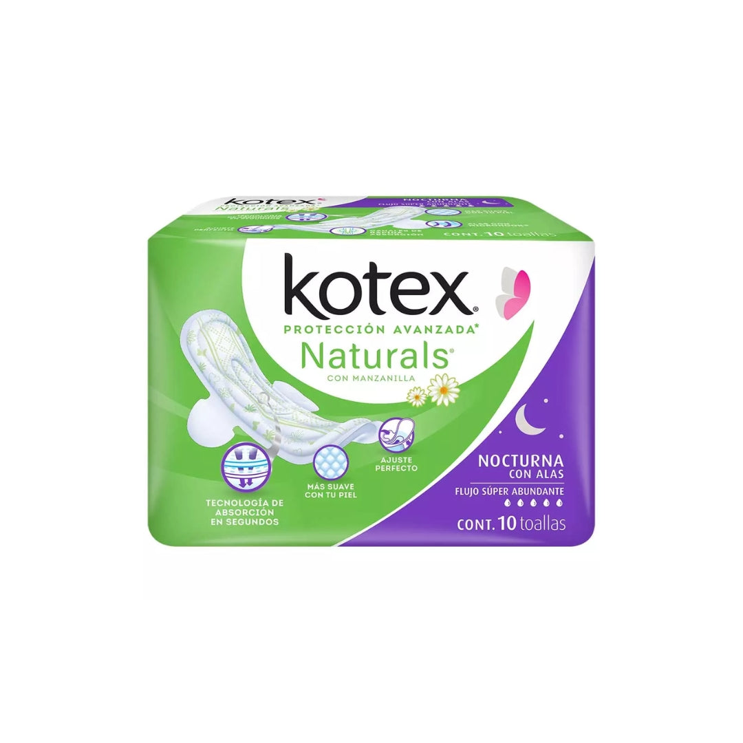 Toalla Femenina Kotex Naturals Manz Noc Con Alas 10Pz