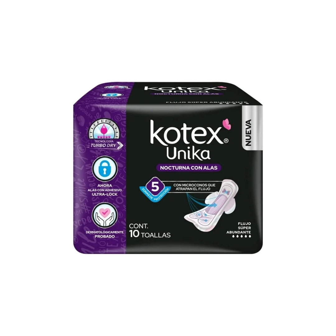 Toalla Femenina Kotex Unika Nocturna Con Alas 10 Pz