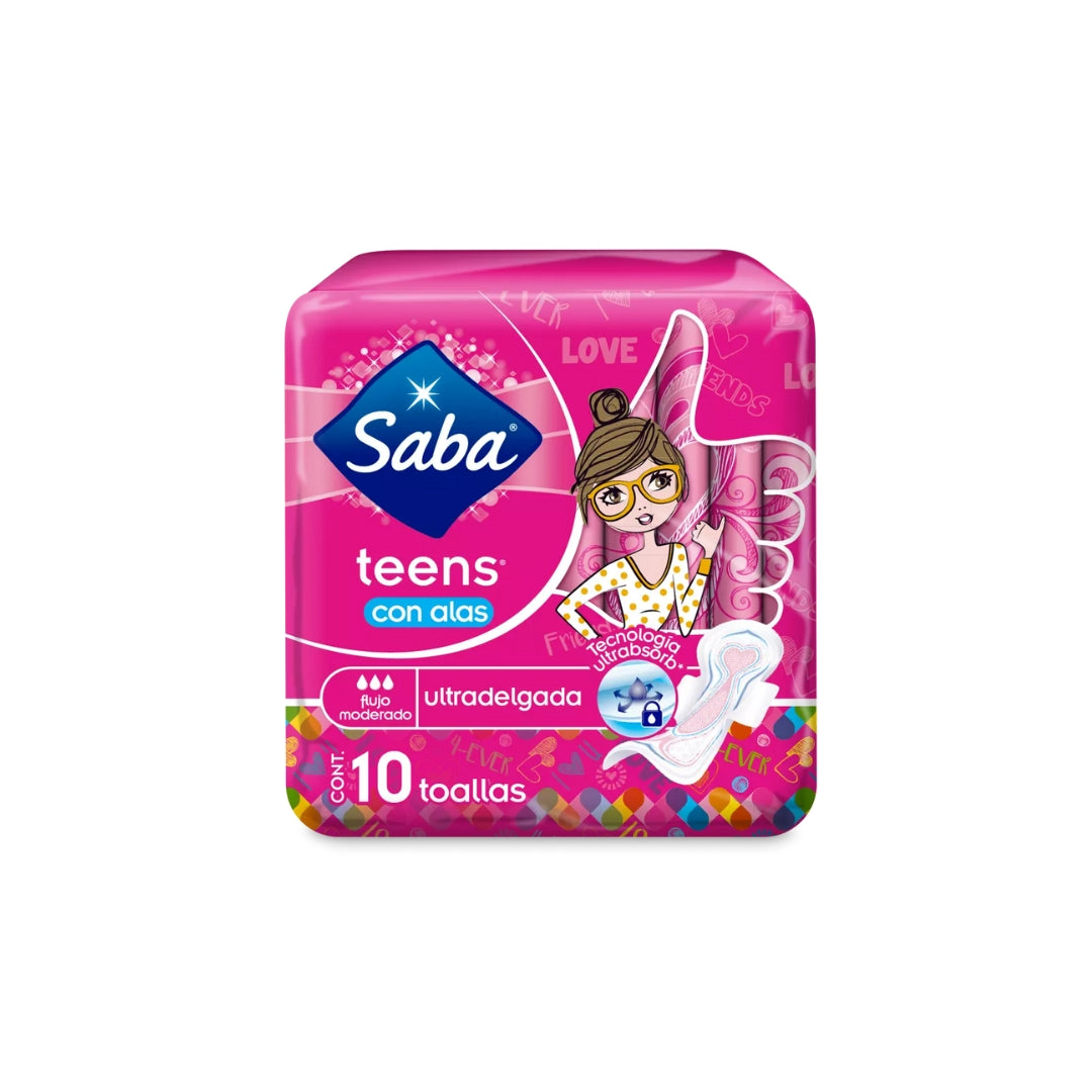 Toalla Femenina Saba Teens Con Alas Ultradelgada 10Pz+3