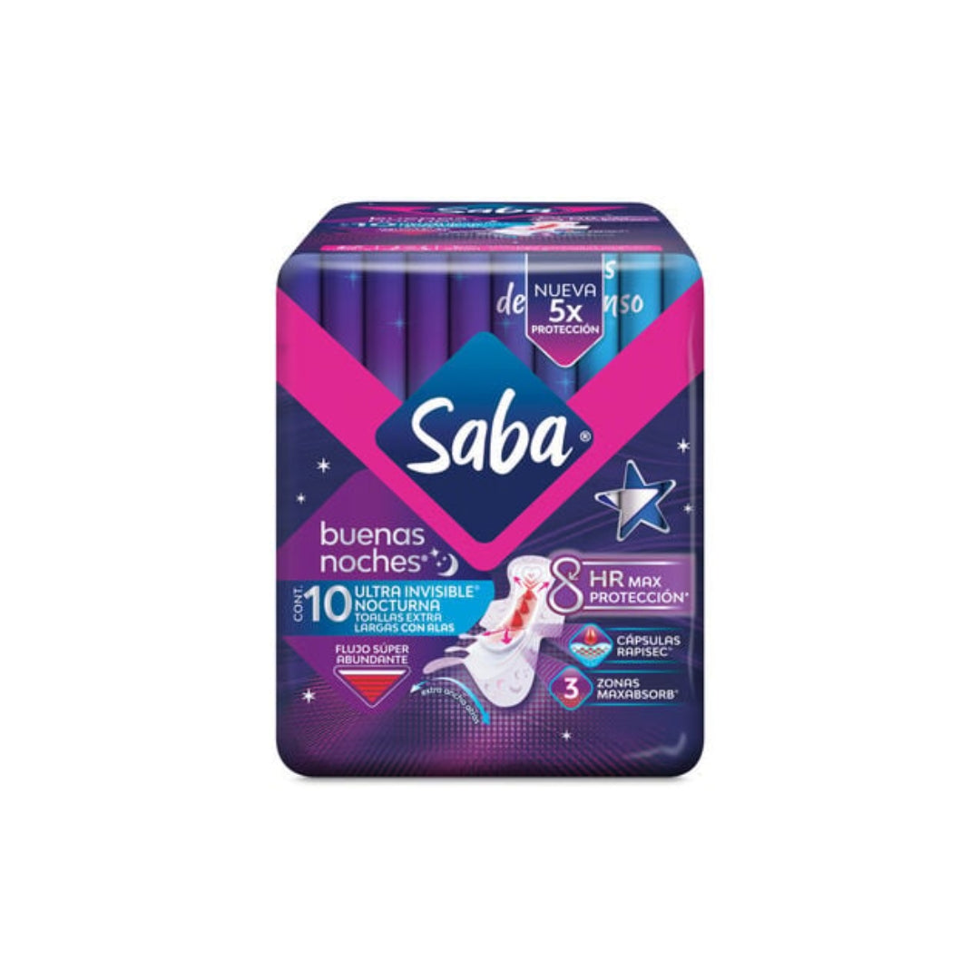 Toalla Femenina Saba Ultra Invisible Noct Con Alas 10 Pz