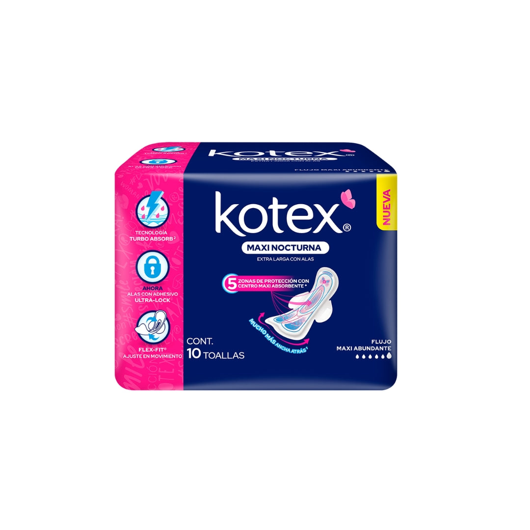 Toalla Femenina Kotex Maxi Nocturna Con Alas 10 Pz